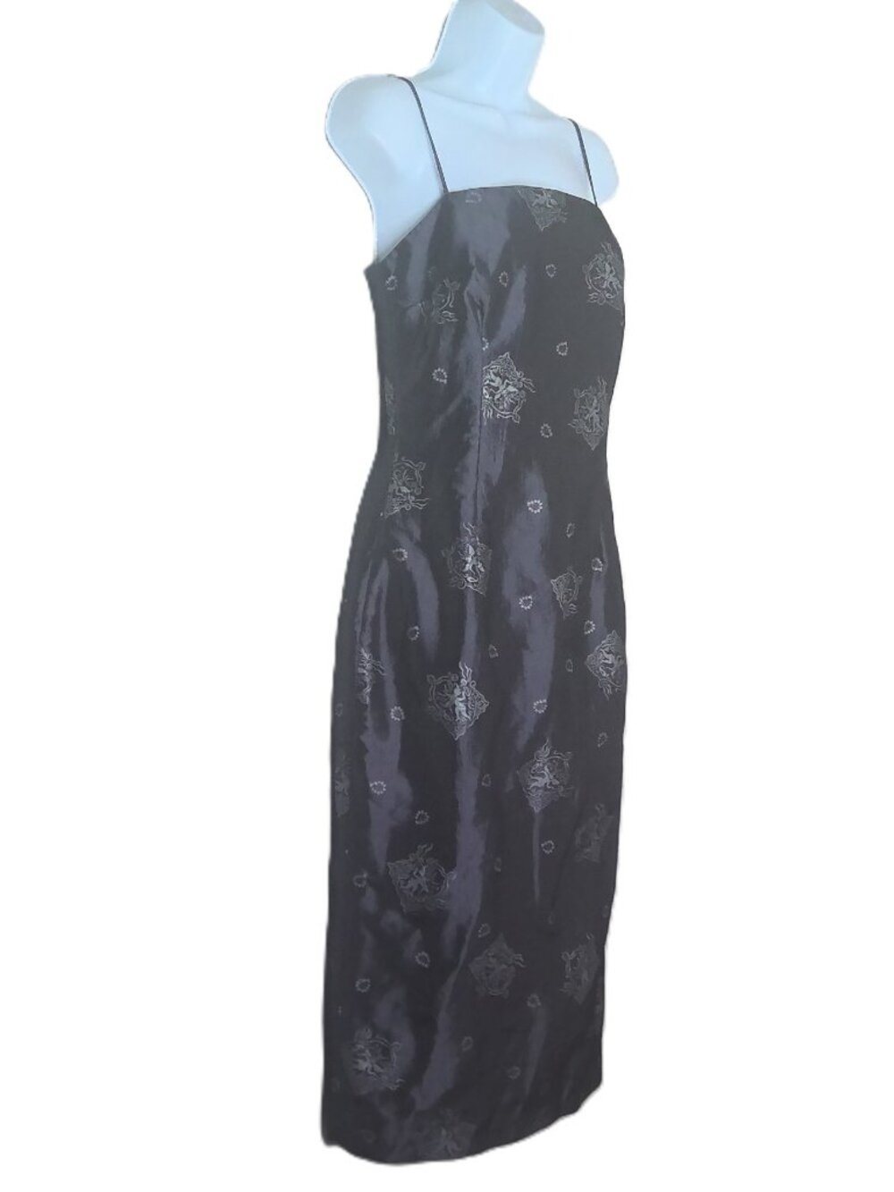 Eleven USA Sleeveless Taffeta Ankle Dress Gray Ornate Medallion Scatter Floral M